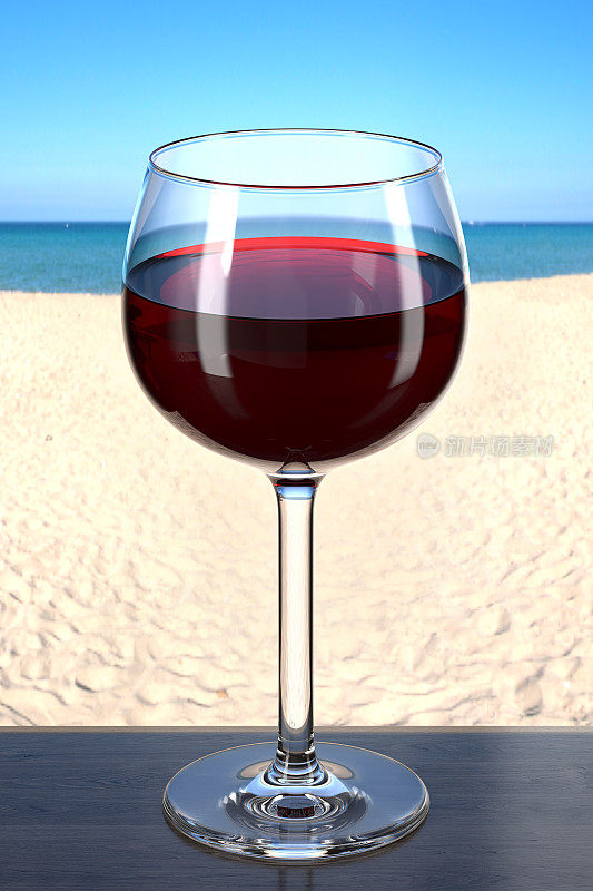 在海滩酒吧的木桌上喝一杯红酒。风景如画的沙滩和大海的背景。3 d渲染。